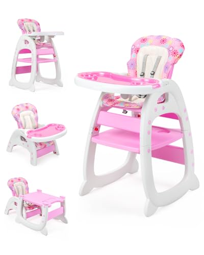 SANDINRAYLI High Chair, Convertible Highchairs for Babies and Toddlers, Easy Clean Baby High Chair, 3 in 1 Feeding Chair for Eating, Adjustable Infant Chair for Toddlers 1-3, Baby Food Chair, Pink