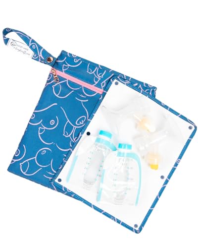 Sarah Wells Pumparoo Wet Dry Bag for Breast Pump Parts  Compact Organizer with Waterproof Pocket, Staging Mat & Fridge Hack  Machine Washable Pumping Accessory (Blue Pattern)