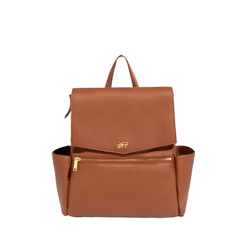 Freshly Picked Mini Classic Diaper Bag Backpack, Wipeable Vegan Leather, 8 Pockets Total (Cognac)