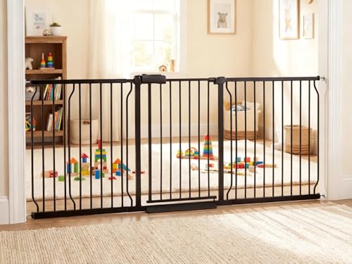 Heavy Duty Baby & Pet Safety Gate - Extra Wide 76.4-81.1 Inch, Black Metal, Pressure Mounted, Walk-Through