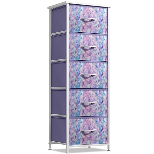 Sorbus Fabric Dresser for Kids Bedroom - Chest of 5 Drawers, Tall Storage Tower, Clothing Organizer, for Closet, for Playroom, for Nursery, Steel Frame, Fabric Bins - Wood Handle (Tie-dye Purple)