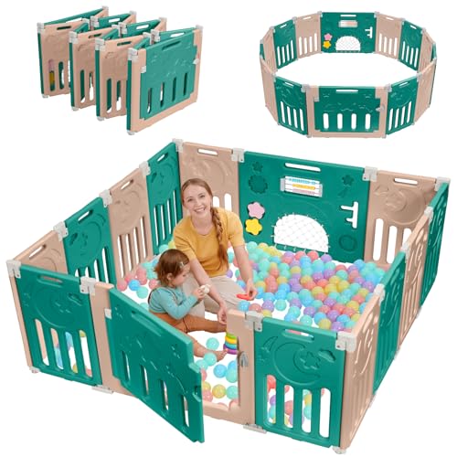 Baby Playpen, Dripex Baby Playard for Babies and Toddlers, 14-Panel Foldable Playpen Adjustable Portable Play Area, Indoor/Outdoor Kids Active Center with Game Panel & Safety Gate, Green White