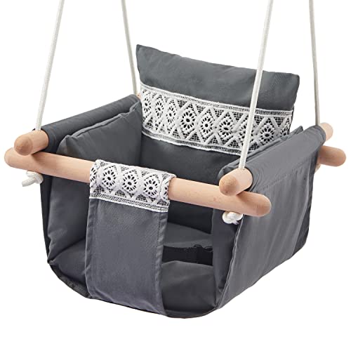 Secure Baby Swing Seat with Safety Belt - Baby Canvas and Wooden Swing Chair with Lace Decor Cushion - Hanging Indoor Swing for Infants & Baby Swing Outdoor - Tree Toddler Swing for Backyard Outside