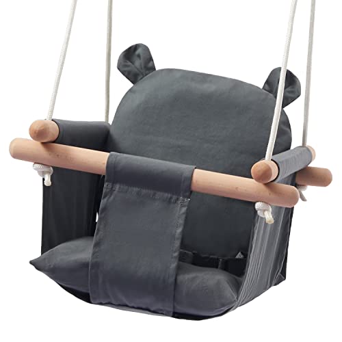 Secure Baby Swing Seat with Safety Belt - Baby Canvas and Wooden Swing Chair with Ear Decor Cushion - Hanging Indoor Swing for Infants & Baby Swing Outdoor - Tree Toddler Swing for Backyard Outside
