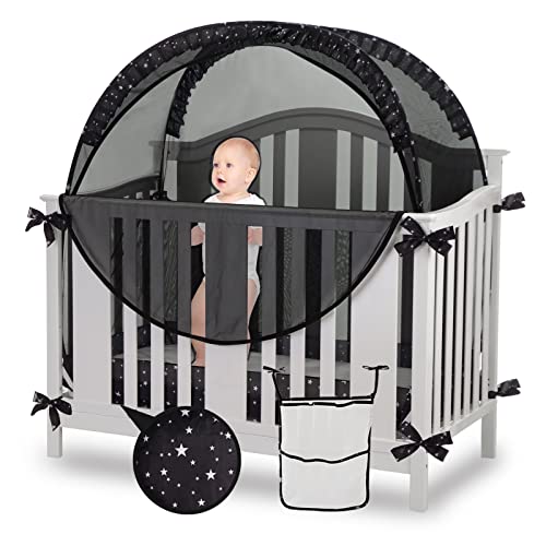 Safety Pop Up Crib Tent Cover to Keep Toddler from Climbing Out - Baby Bed Star Net Canopy with Mesh Organizer