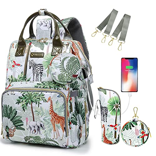 Tropical Rainforest Diaper Bag Backpack,Animal Nappy Backpack with Coin Bag USB Charging Port Stroller Straps and Insulated Pocket For Women/Mom/Travel (Animal Pattern)