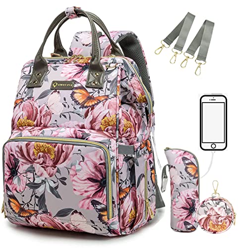Floral Diaper Bag Backpack with Coin Bag USB Charging Port Stroller Straps and Insulated Pocket,Travel Nappy Backpack For Women/Mom (Grey Pink Flower Pattern)