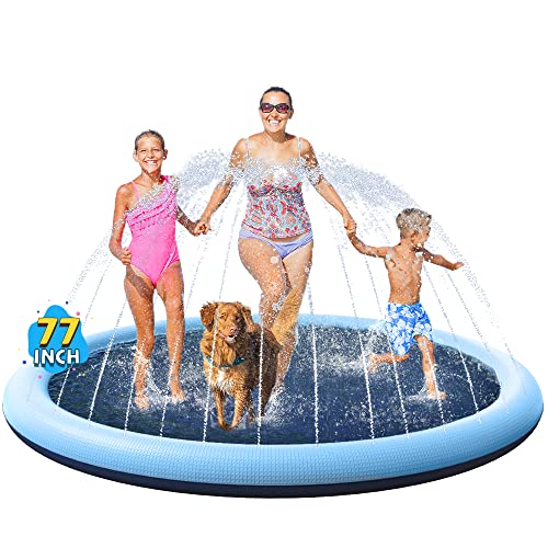 VISTOP Non-Slip Splash Pad for Kids and Dog, Thicken Sprinkler Pool Summer Outdoor Water Toys - Fun Backyard Fountain Play Mat for Baby Girls Boys Children or Pet Dog (77 inch, Blue&Blue)