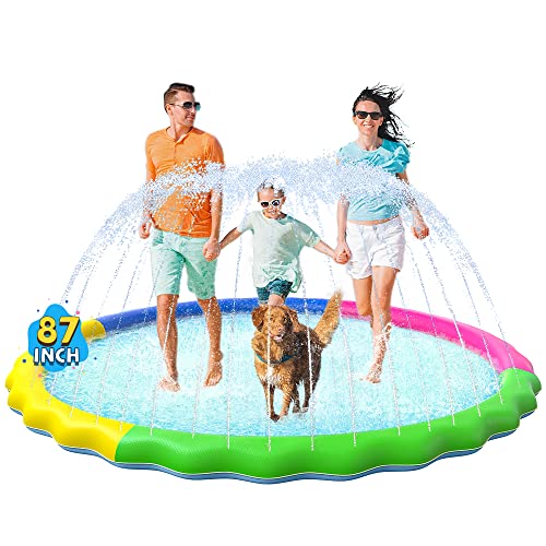 VISTOP Non-Slip Splash Pad for Kids and Dog, Thicken Sprinkler Pool Summer Outdoor Water Toys - Fun Backyard Fountain Play Mat for Baby Girls Boys Children or Pet Dog (87 inch, Red&Yellow&Green&Blue)