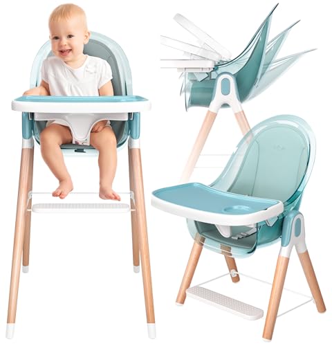 Children of Design 6 in 1 Deluxe Wooden High Chair for Babies & Toddlers, Modern Safe & Compact Baby Highchair, Easy to Clean & Assemble Removable Tray & Cushion, 6 Options 3 Seat Positions 2 Heights