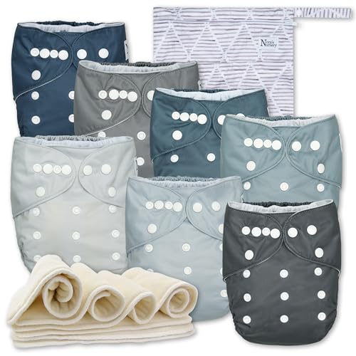 Nora's Nursery Cloth Diapers 7 Pack with 7 Inserts & 1 Wet Bag - Waterproof Cover, Washable, Reusable & One Size Adjustable Pocket Diapers for Newborns and Toddlers - Out to Sea