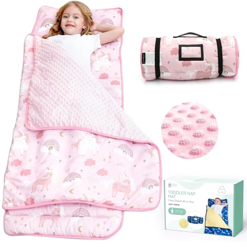 ACRABROS Toddler Nap Mat with Pillow and Blanket, Extra Large Rolled Napping Mats,Slumber Bags for Boys Girls,Kids Sleeping Bag for Daycare, Preschool Travel Camping, Unicorn