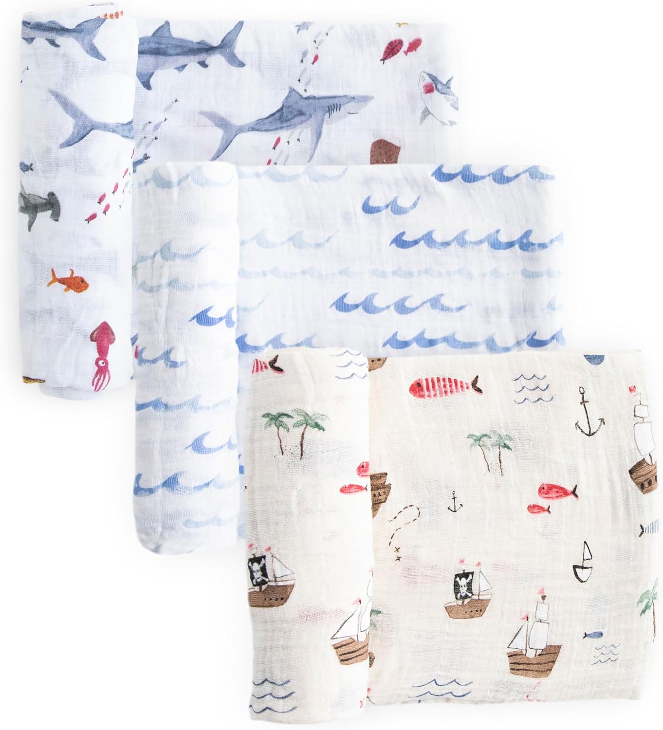 Little Unicorn Premium Muslin Swaddle Blanket 3 Pack | for swaddling, Play, Nursing & More | Giftable Set of 3 (Shark 2)