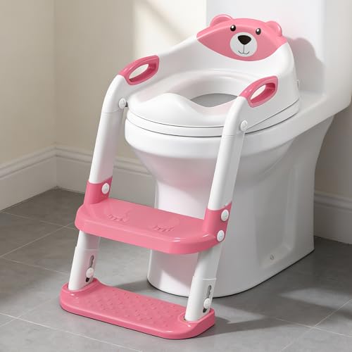 Toilet Potty Training Seat with Step Stool Ladder, SKYROKU Toddler Potty Seat for Kids and Toddler Boys Girls, Splash Guard and Safety Handles(Hot Pink)