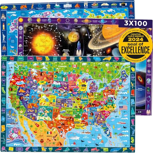 QUOKKA Puzzles for Kids Ages 4-6 - 3 Set 100 Piece Puzzles for Toddlers 3-5 - Learning Map of The United States World Space Puzzle - Educational Games for Kids 6-8 - Toys for 3 Year Old Boys and Girls
