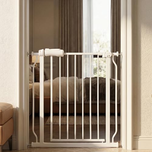 29-34 Inch Baby & Pet Gate - White Metal, Pressure Mounted, Walk Through Safety Gate for Narrow Stairs & Doorways