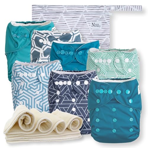 Nora's Nursery Cloth Diapers 7 Pack with 7 Inserts & 1 Wet Bag - Waterproof Cover,Washable, Reusable & One Size Adjustable Pocket Diapers for Newborns and Toddlers-Dimensional Blues