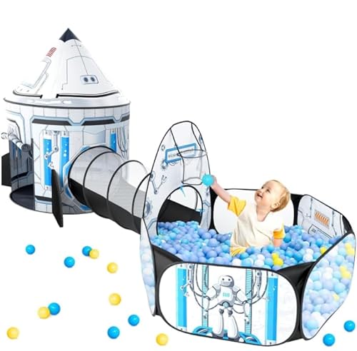 Kids Ball Pit for Play Tent: 3PC Rocket Ship Baby Gifts with Projection Flashlight, Spaceship Tents and Crawl Tunnel for Toddlers, Astronaut Pop Up Playhouse Toys for Indoor Outdoor Games (White)