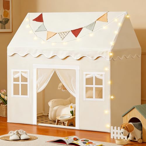 Tiny Land Play Tent with Padded Mat & LED Lights, Kids Tent, Playhouse for Kids, Indoor Bed Tent for Toddler, Toys for 3,4,5,6-Year-Old Girls, Neutral Color Play Room Furniture