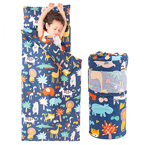 Nap Mat with Pillow and Blanket 100% Cotton with Microfiber Fill, Padded Sleeping Mat, for Daycare Preschool Toddler Prek Boys Girls Kids (Animal Park, Extra Long-56"x20")