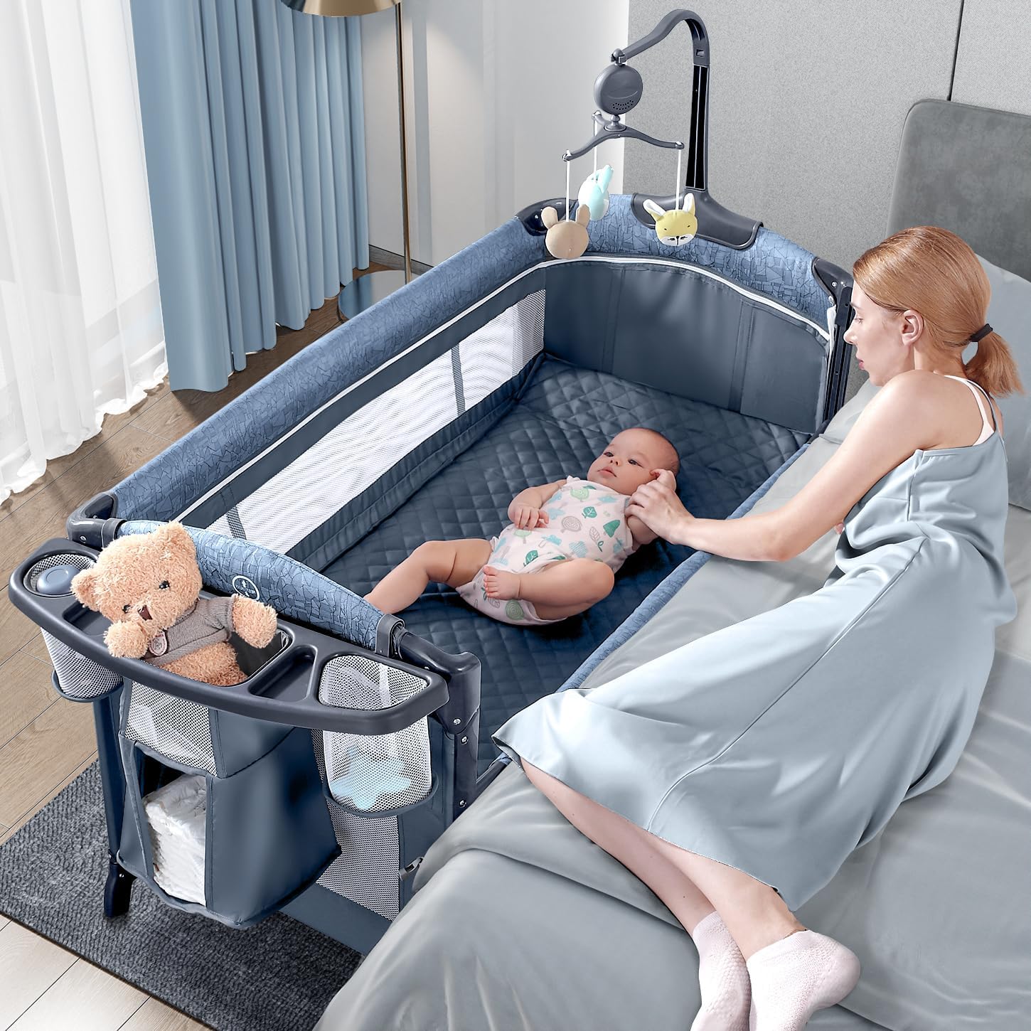 BabyBond Baby Bassinet Bedside Crib, Pack and Play with Sheet, Diaper Changing Table and Music Mobile from Newborn to Todles, Portable Large Playard
