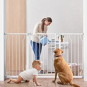 Ciays Baby Gate 29.5 to 57.1, 30-in Height Extra Wide Dog Gate for Stairs, Doorways and House, Auto-Close Safety Metal Pet Gate for Dogs with Alarm, Pressure Mounted,White White