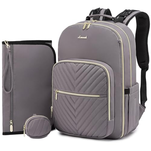 LOVEVOOK Diaper Bag Backpack, Quilted Baby Bag with Changing Pad & Pacifier Holder, Waterproof Travel Diaper Bags for Baby Boys Girls, Stylish and Large Capacity, Purple Grey