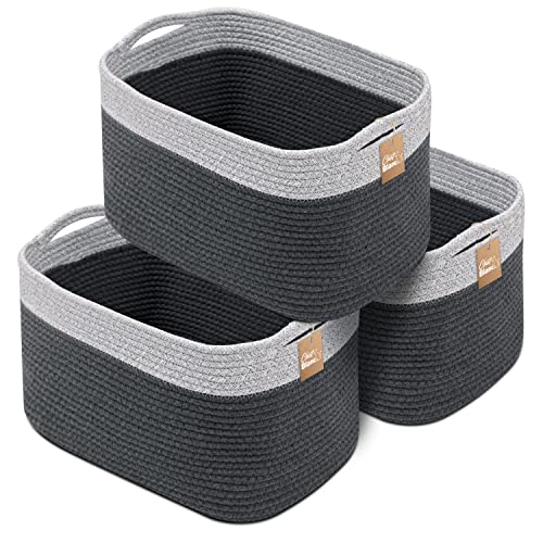 CHAT BLANC Cotton Rope Baskets for Organizing I Storage Baskets for Shelves | Rope Basket for Storage, Small Laundry Baskets, Woven Baskets for Storage, Dog Toy Bin, Baby Basket, Gray & Graphite 3Pack