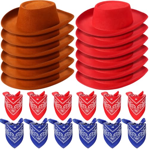 24 Pieces Cowboy Hats & Bandanas (Brown, Red)