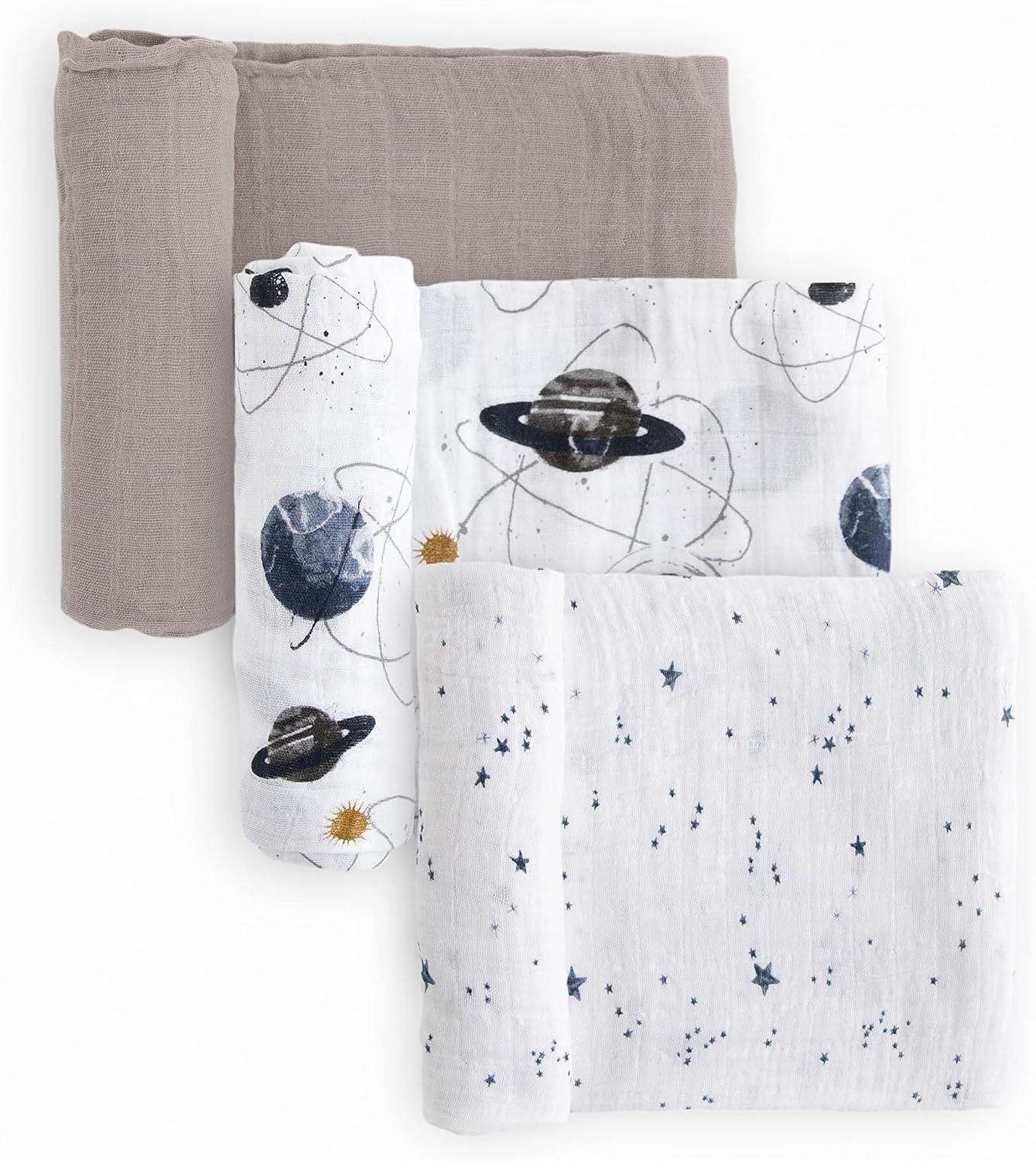 Little Unicorn Premium Muslin Swaddle Blanket 3 Pack | for swaddling, Play, Nursing & More | Giftable Set of 3 (Planetary 2)