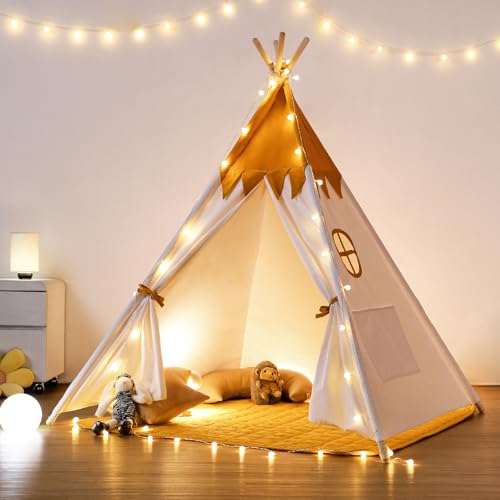 besrey Teepee Tent for Kids with Light & Mat, Toddler Tents Indoor Play Tent Playhouse, Toddler Tipi Cotton, tee Pee Tents for Kids Indoor, Boys & Girls Teepee (Yellow, Padded mat)