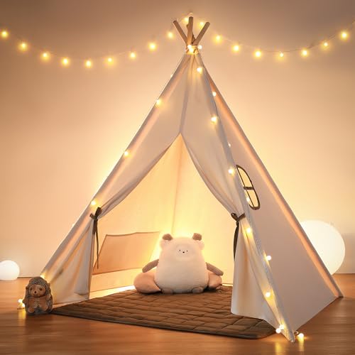 besrey Kids Tent, Teepee Play Tent with Lights and Padded Mat, Portable Cotton Tipi for Indoor Reading and Playtime