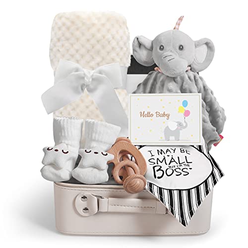 Baby Shower Gifts, Baby Boy Gifts, Christmas Baby Gift Set for Newborn Essentials Baby Blanket Elephant Lovey Wooden Rattle, Infant Bibs Socks & Greeting Card, Gender Reveal Gift Basket