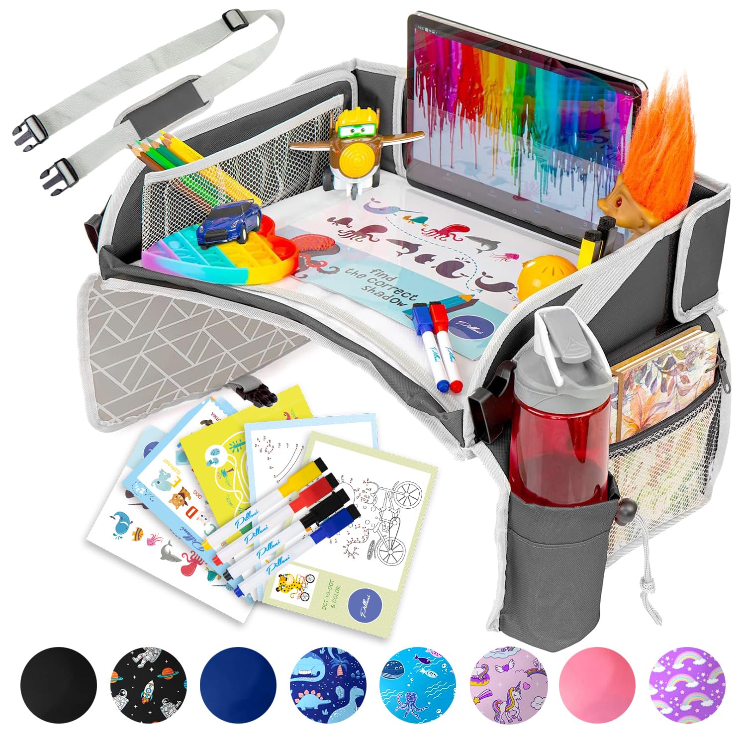 PILLANI Kids Travel Tray for Car - Car Seat Tray for Kids, Roadtrip Essentials, Carseat Table Tray for Kids Road Trip Activities - Toddler Lap Desk Organizer for Airplane