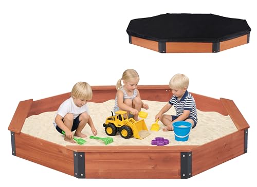 85''x78''x9'' Octagon Sandbox with Cover for Kids Outdoor Play, Wood Large Sandpit with 4 Benches, Quick Easy Install, US. Patented
