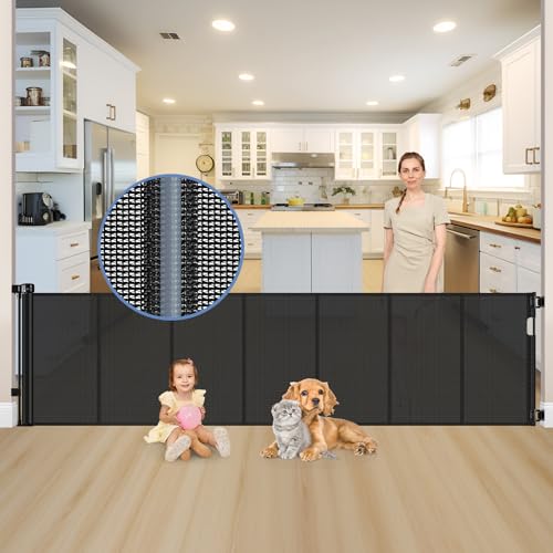 Reinforced 120 Inch Extra Long Retractable Dog Gates for Doorways Extra Wide Pet Gate Indoor 10 Ft Retractable Baby Gates for Dogs 33 Inch Tall Mesh Baby Gate Long with Reinforced Strips, Black