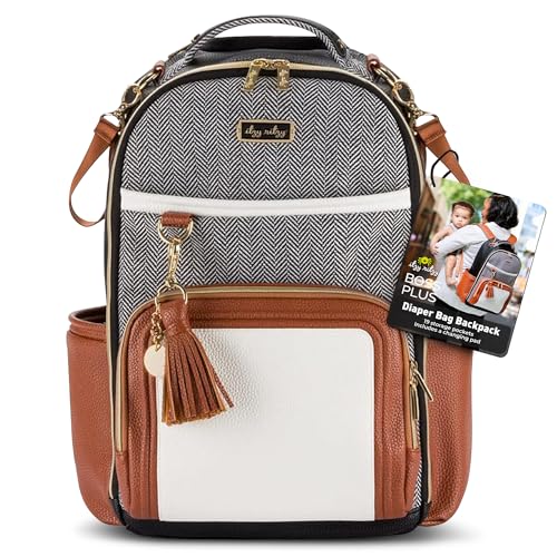 Itzy Ritzy Diaper Bag Backpack  Large Capacity Boss Plus Baby Backpack Diaper Bag Featuring 19 Pockets, Changing Pad, Stroller Clips, and Comfortable Straps (Coffee & Cream)