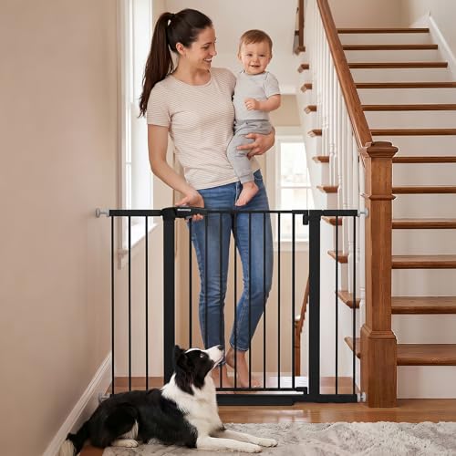 Mumeasy Baby Gate for Stairs - 29.6-46" Auto Close Dog Gate for Doorways, Extra Wide Child Gate Indoor, Walking Through Safety Gate for Kid, Pet Gates No Drilling Black, Mom's Choice Awards Winner