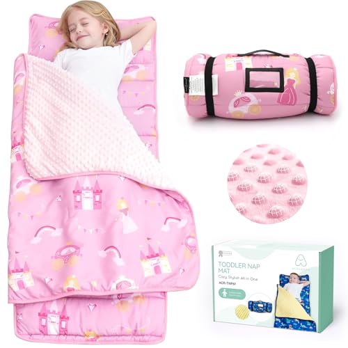 ACRABROS Toddler Nap Mat with Pillow and Blanket, Extra Large Rolled Napping Mats,Slumber Bags for Boys Girls,Kids Sleeping Bag for Daycare, Preschool Travel Camping,Little Princess