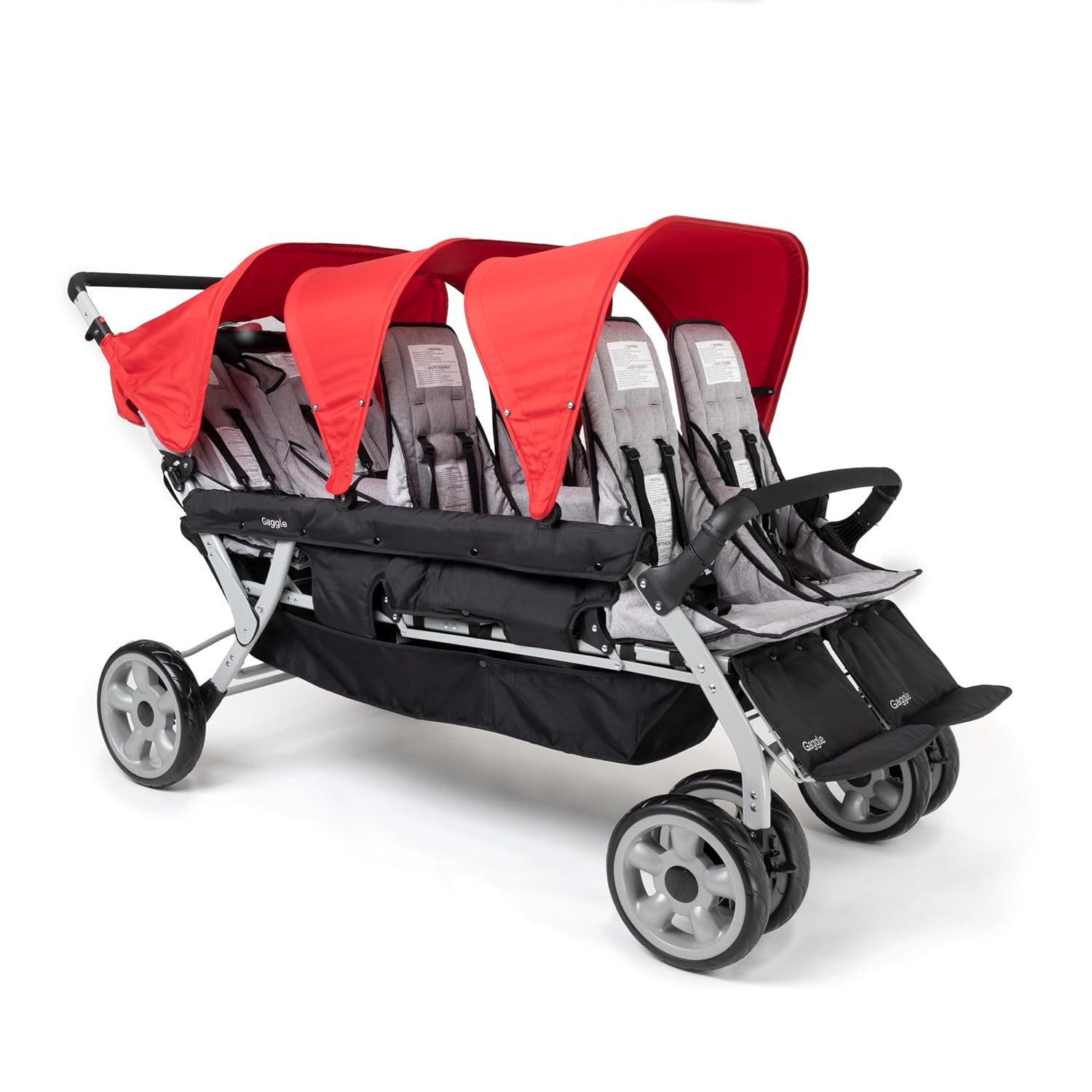 Gaggle by Foundations Jamboree 6 Seat Multi-Child Stroller with UV Blocking Canopies | Reclining Seats | 5-Point Safety Harness | Compact Fold for Daycares, Parks & Travel | Red