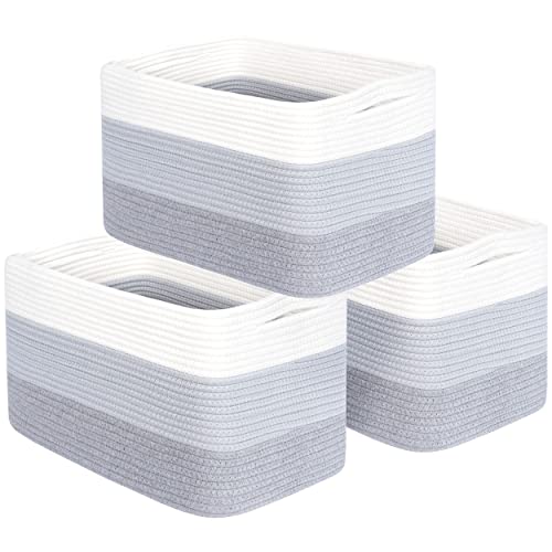 MINTWOOD Design 3-Pack Storage Baskets for Shelves, Playroom and Classroom, Book Basket, Decorative Storage Cube Bins, Woven Closet Organizers, 3-Tone Grey