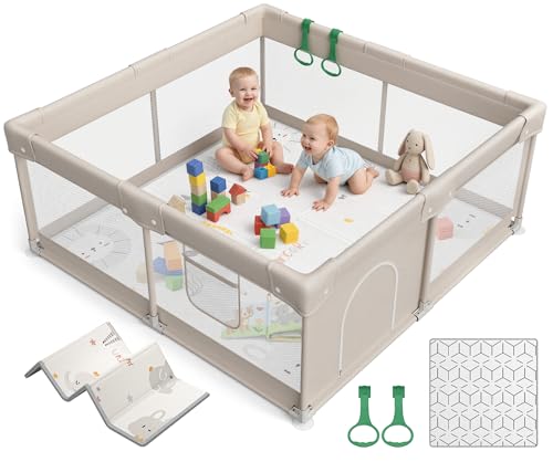 ZEEBABA Baby Playpen with Mat, 47x47inch Playpen for Babies and Toddlers, Small Baby Play Pens, Play Yard for Infants with 47" Play Mat, Playard with Gate