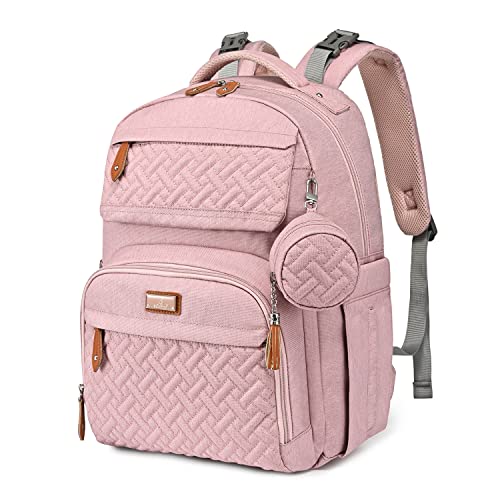 BabbleRoo Diaper Bag Backpack, Travel Backpack with Changing Pad, Pacifier Case & Stroller Straps, Multifunction, Waterproof, Unisex Pink