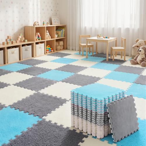 18 Pcs Plush Foam Floor Mat Square Interlocking Carpet Tiles with Border Fluffy Play Mat Floor Tiles Soft Climbing Area Rugs for Home Playroom Decor, 12 x 12 x 0.4 Inch (White, Light Gray, Royal Blue)