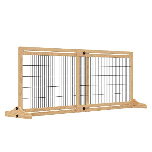 PawHut 72" W x 27" H Extra Wide Freestanding Pet Gate with Adjustable Length Dog, Cat, Barrier for House, Doorway, Hallway, Natural