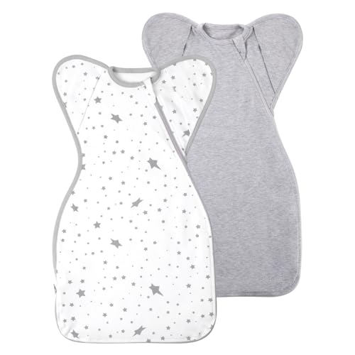 Premium Soft Cotton Swaddle Blanket Sleep Sack with Arms Up Design 2 Packs, Hands Up 3-Way Transitions to Arms-Free Wearable Sleeping Sack Bag for Newborn Baby Boys Girls Snug Fit Calms Startle Reflex