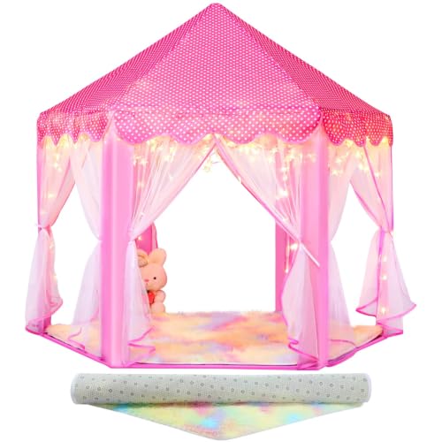 Princess Tent with Rainbow Rug, Little Star Lights for Girls, Pink Play Tent for Kids, Girls Toys Set for Indoor Princess Games Decor, Princess Castle Playhouse