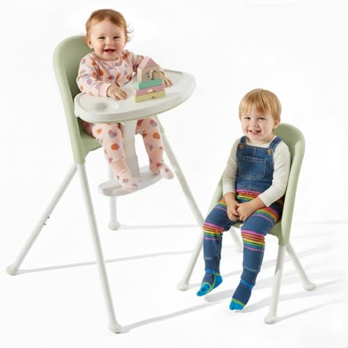 Funny Supply 3-in-1 Cute Folding High Chair, High Chairs for Babies and Toddlers, Modern Space Saving Highchair with Removable Double Tray, Easy to Clean, Light Weight Baby Feeding Chair, Green