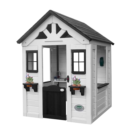 Backyard Discovery Sweetwater White Cedar Wooden Kids Playhouse Cottage with Play Kitchen, Snack Bar, Half Door, Toy Phone, Windows, Flowerpot Holders, Working Doorbell for Outdoor Imaginative Play