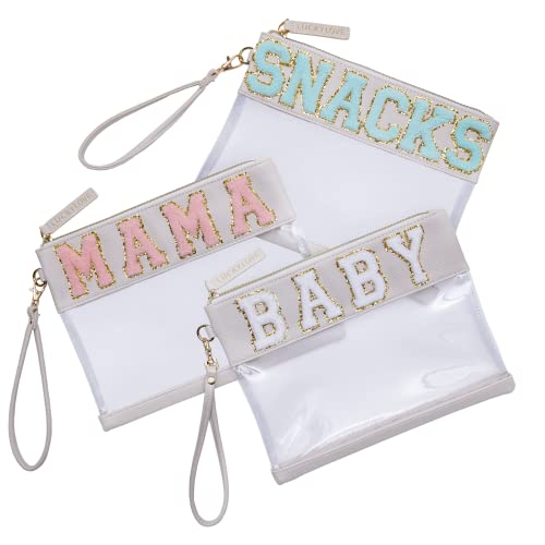 Lucky Love Diaper Bag Organizing Pouches | Set of 3 Including Diaper Clutch | Dry Wet Bag (Chenille Letter Pouches)